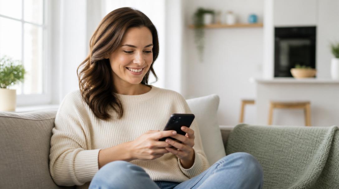 Woman relaxing at home using a smartphone to get a boiler quote online