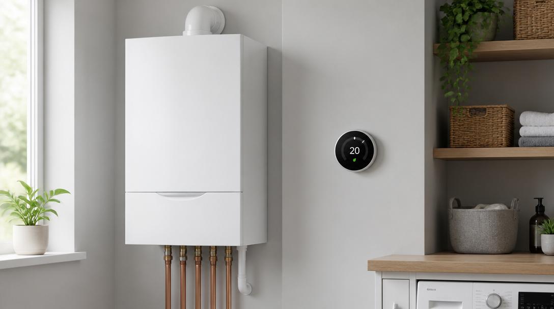 Modern white boiler and smart thermostat on a wall