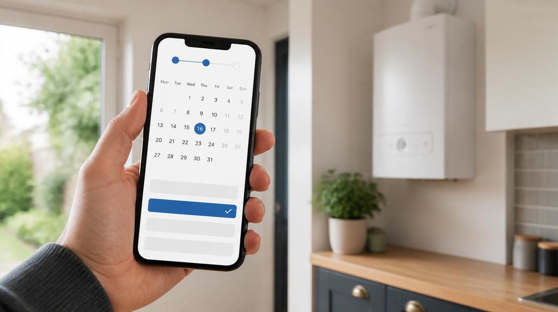 Person choosing a boiler installation date on a smartphone calendar