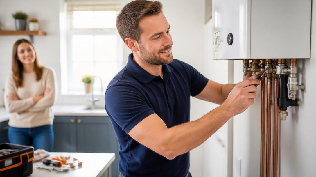 Gas Safe engineer installing a boiler while the homeowner watches