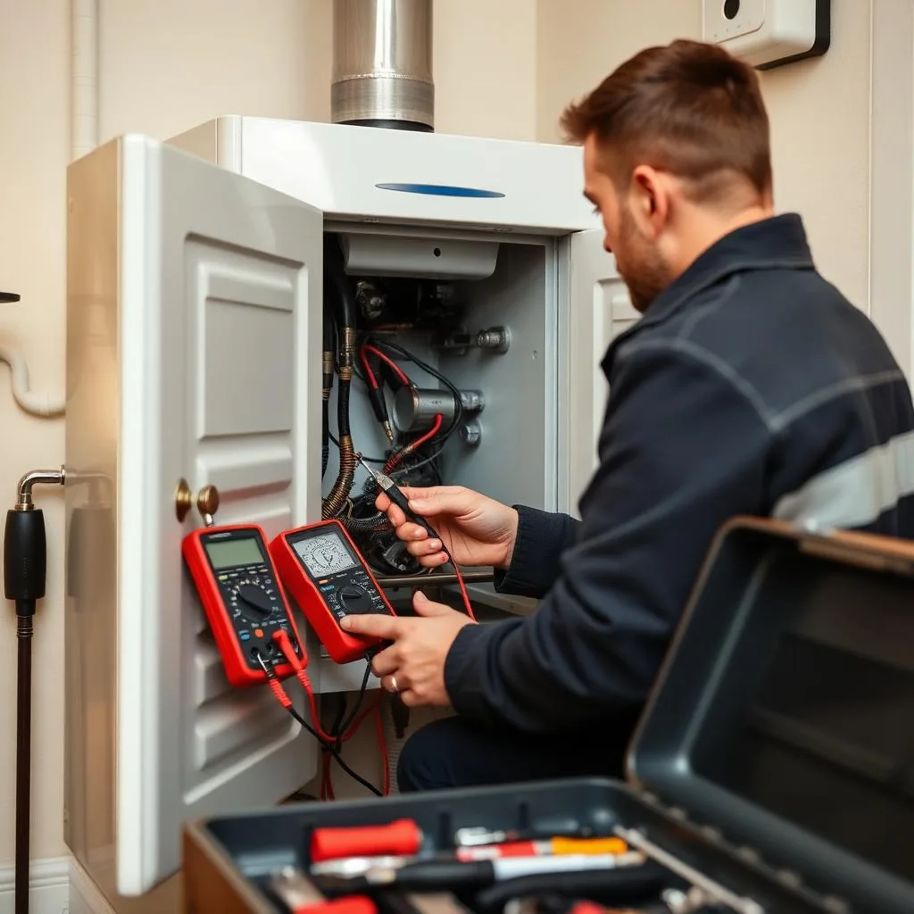 Engineer diagnosing a boiler fault in a UK home