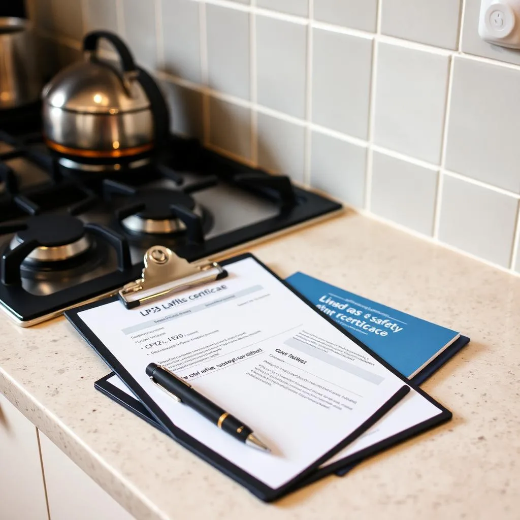 Landlord gas safety CP12 certificate on a UK kitchen worktop