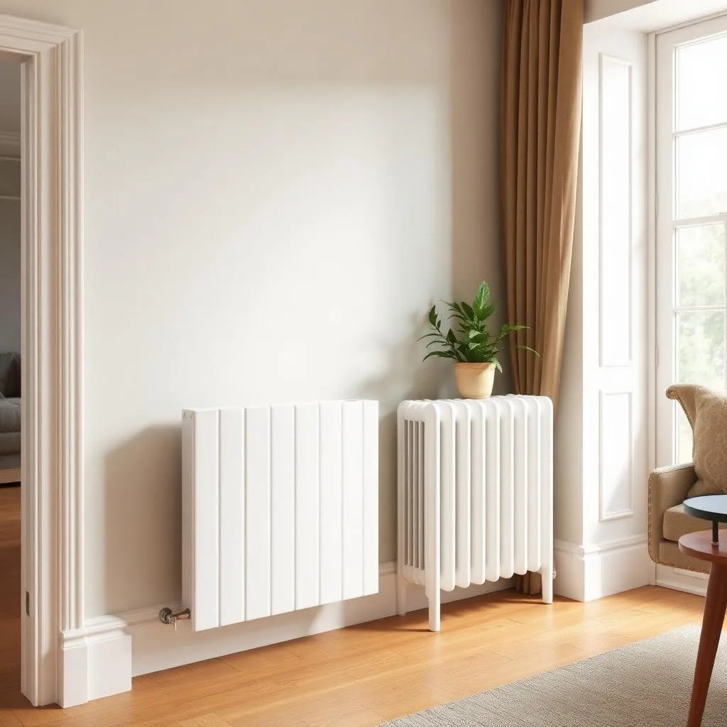 New panel radiator with thermostatic valve in a British living room