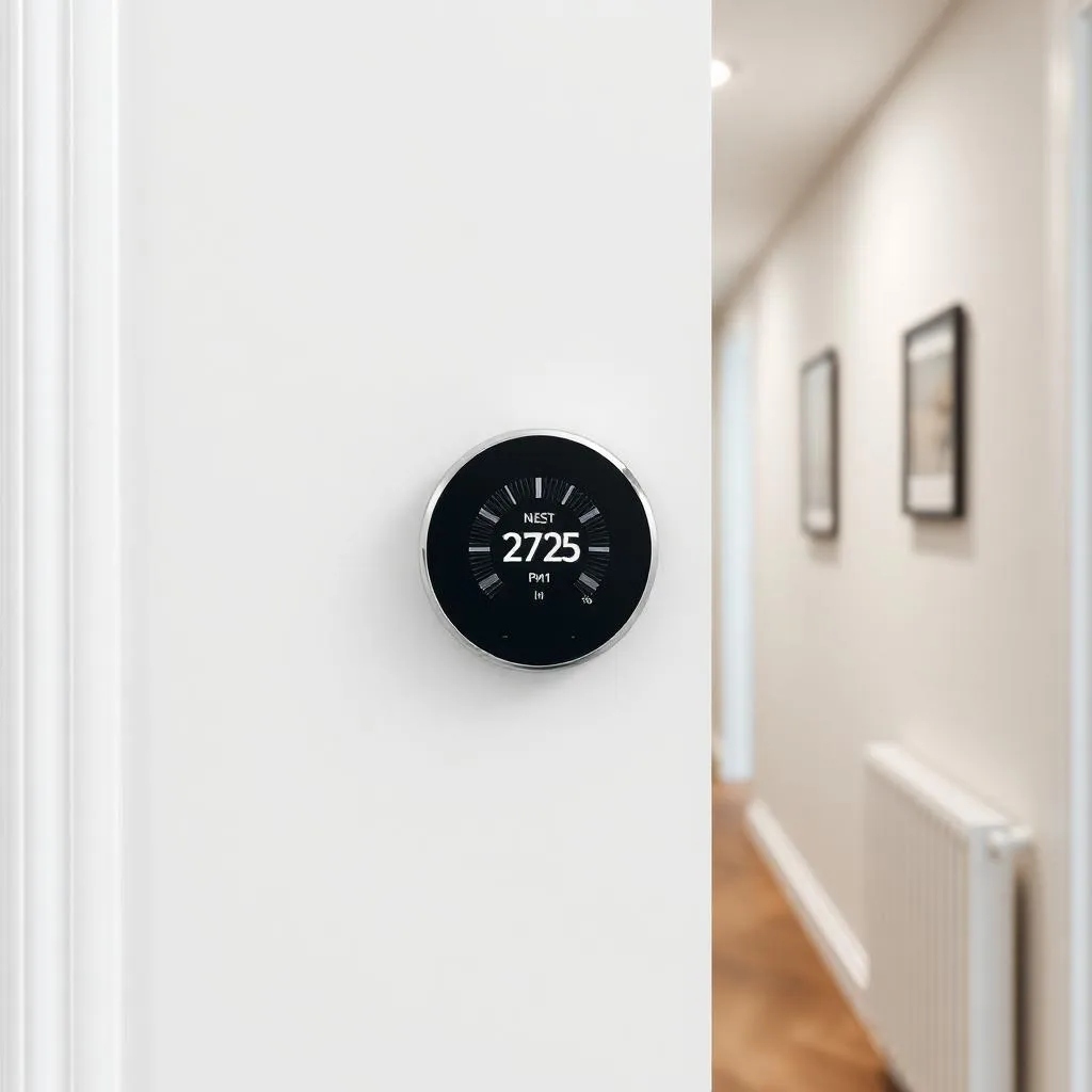 Smart heating thermostat fitted in a UK hallway